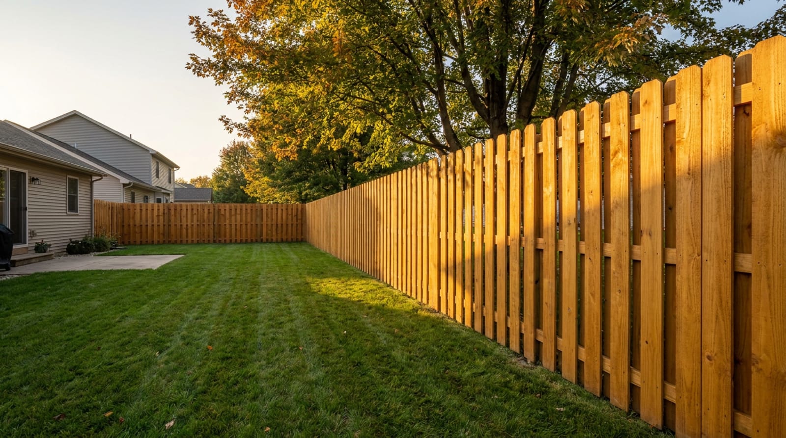 New cedar privacy fence along a Maple Ridge area backyard at golden hour