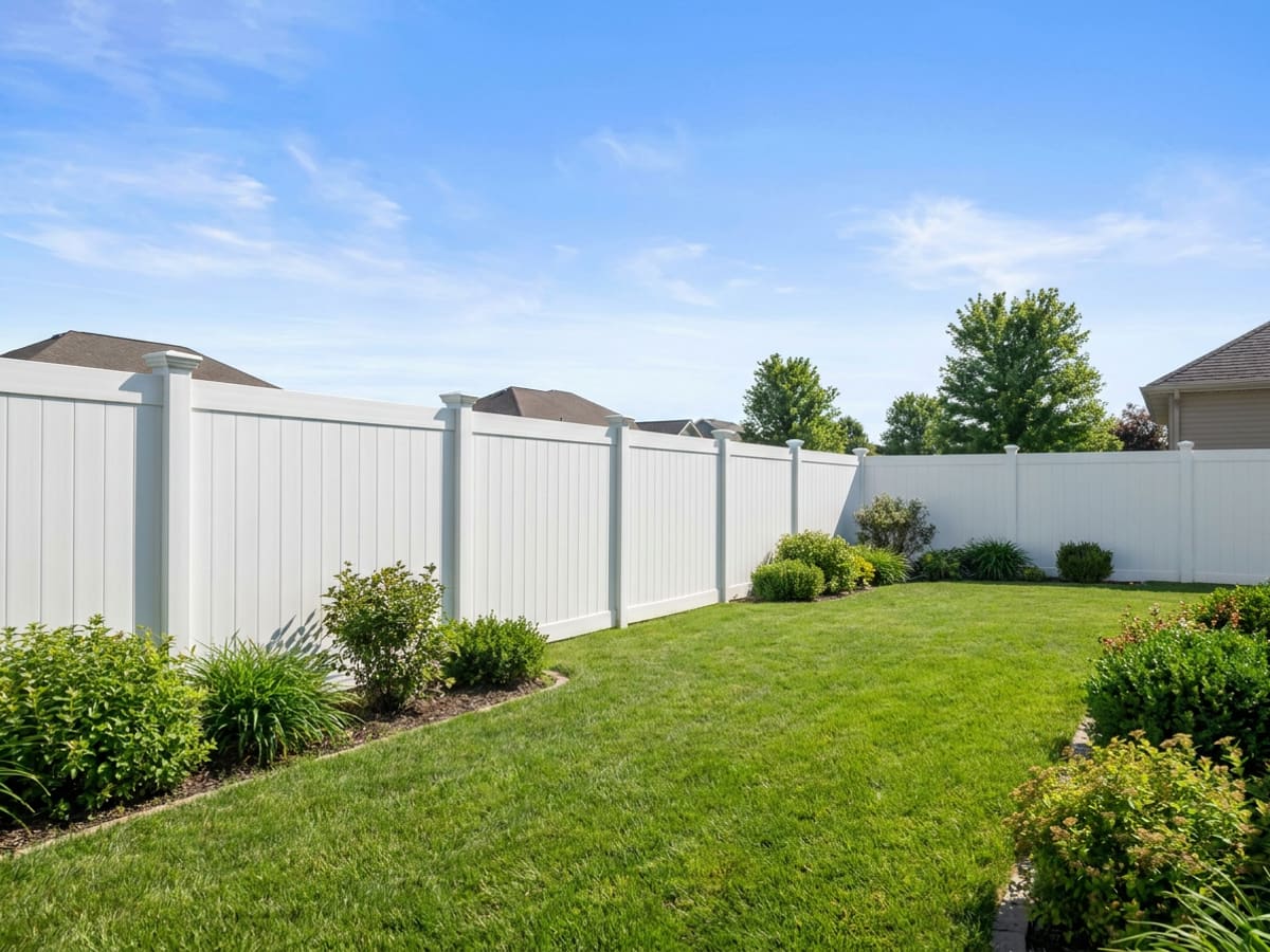 White vinyl privacy fence beside a tidy Midwest backyard lawn