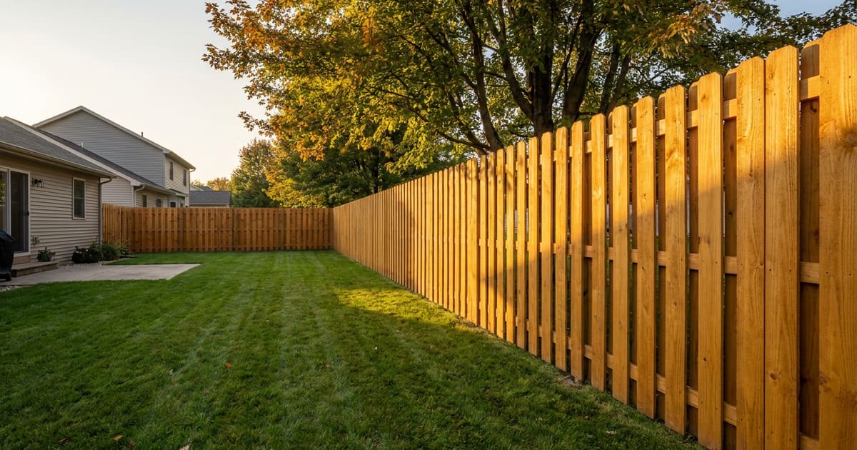 Cedar privacy fence along a backyard at golden hour